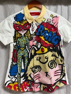 Jeans Girls Button-Down Shirt with Yellow Collar and Multicolor Comic Print